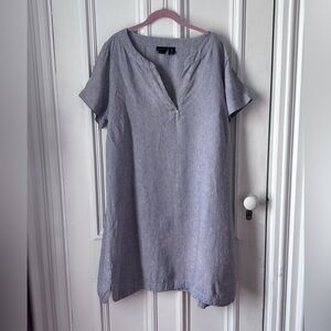 Women’s Tahari 100% Linen Short Sleeve V Neck Tunic Dress Blue & White Stripe 1X